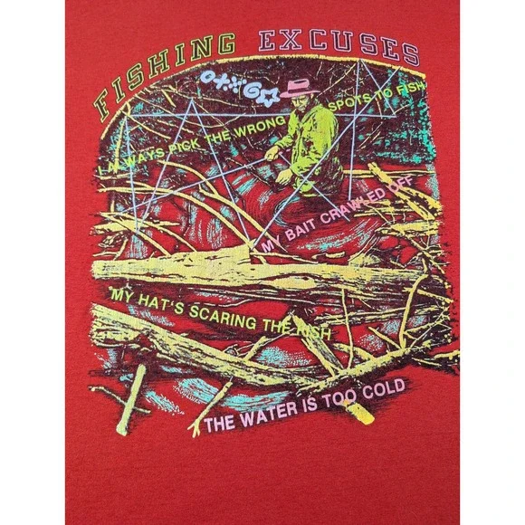 Vintage 80s DG Sportswear Fishing Excuses Muscle Tee Red Graphic Shirt XL USA - Picture 2 of 6